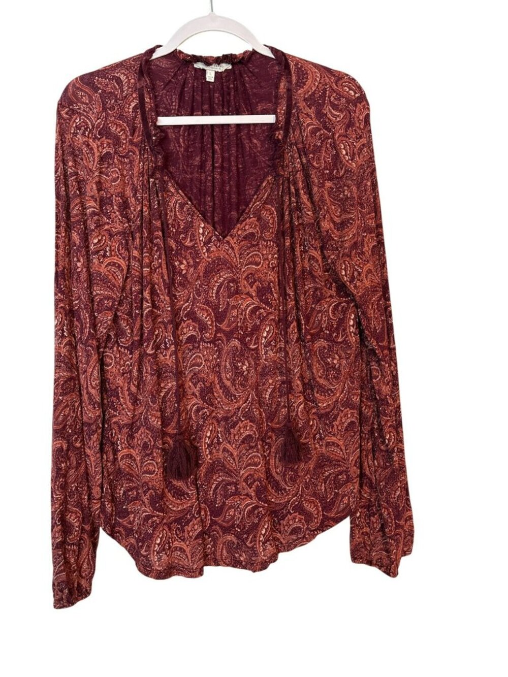 Lucky Brand Paisley Print Long Sleeve Boho Blouse Ruffle Neck Size L Burgundy